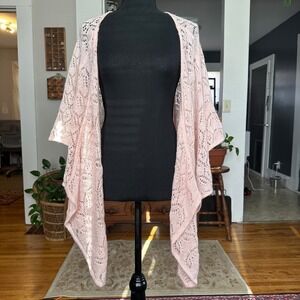 SISTERS Pink Lace Kimono Cardigan Shawl Wrap Boho Lightweight‎ S/M Mohair